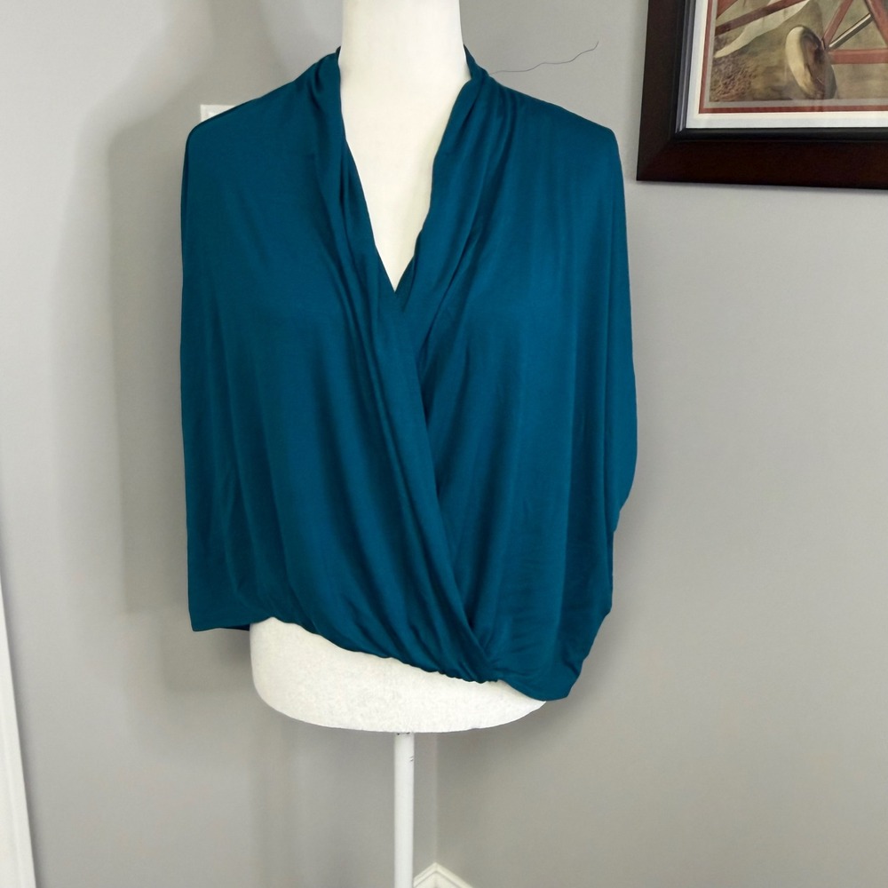 Trina Turk Teal Blue Draped Surplice Wrap Front Dolman Sleeve Top ML